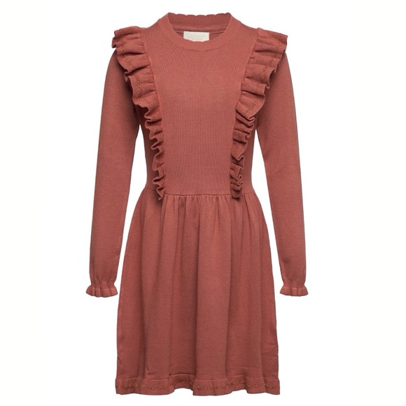 Creamie Other - NWOT Creamie Rust Knit Ruffle Metallic Trim Dress